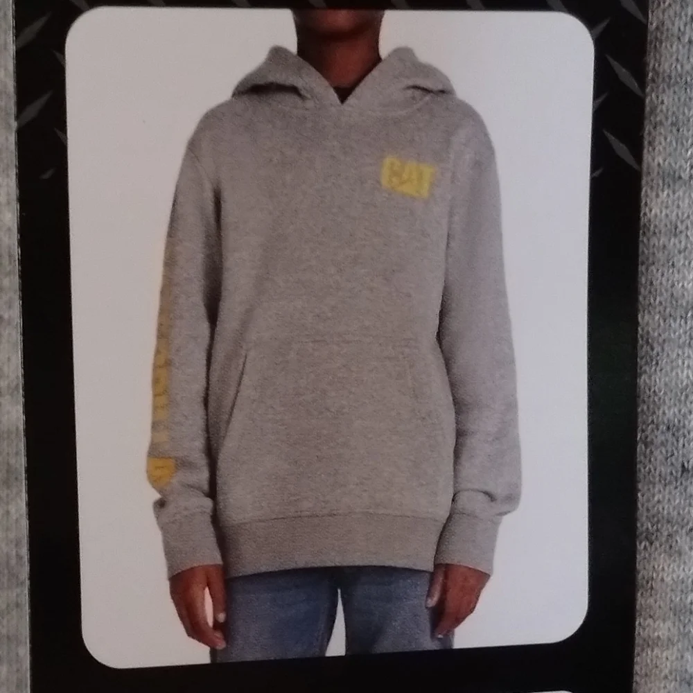 NWT CAT Med Heather Grey Hoodie with Yellow Logo Kids Size 7/8